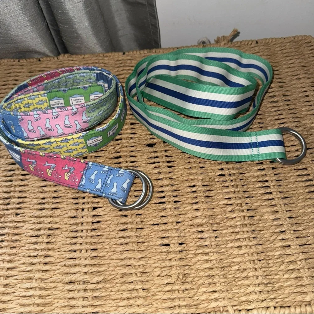 Bundle of Two Vtg Vineyard Vines Web Ribbon Belts Nautical M Blue Green Beach